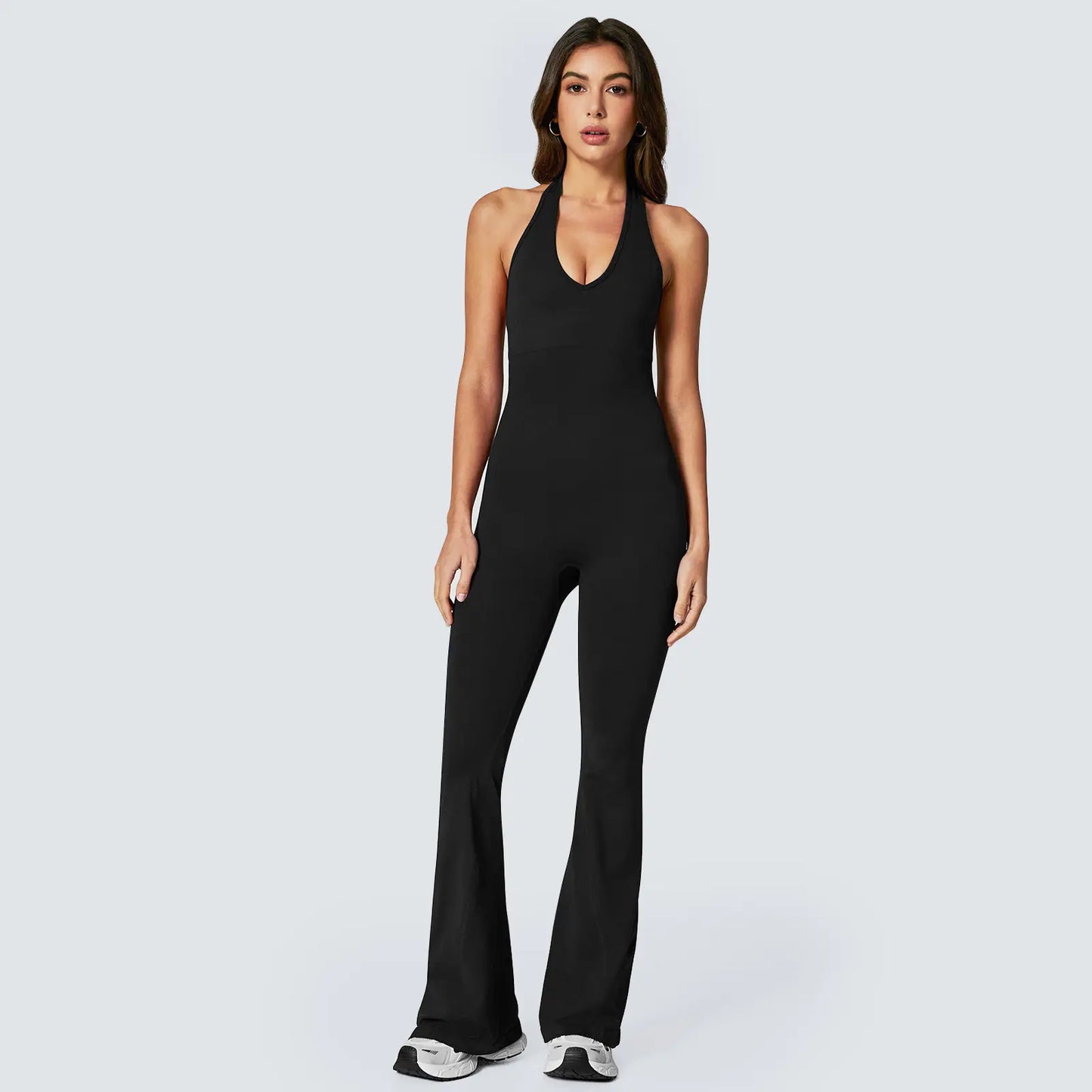 2026 New Cherry Merlot Backless Halter Jumpsuit with Built-In Waist-Cinching Design to Enhance Curves Casual Womenswear Bra Leg Gym Fabric