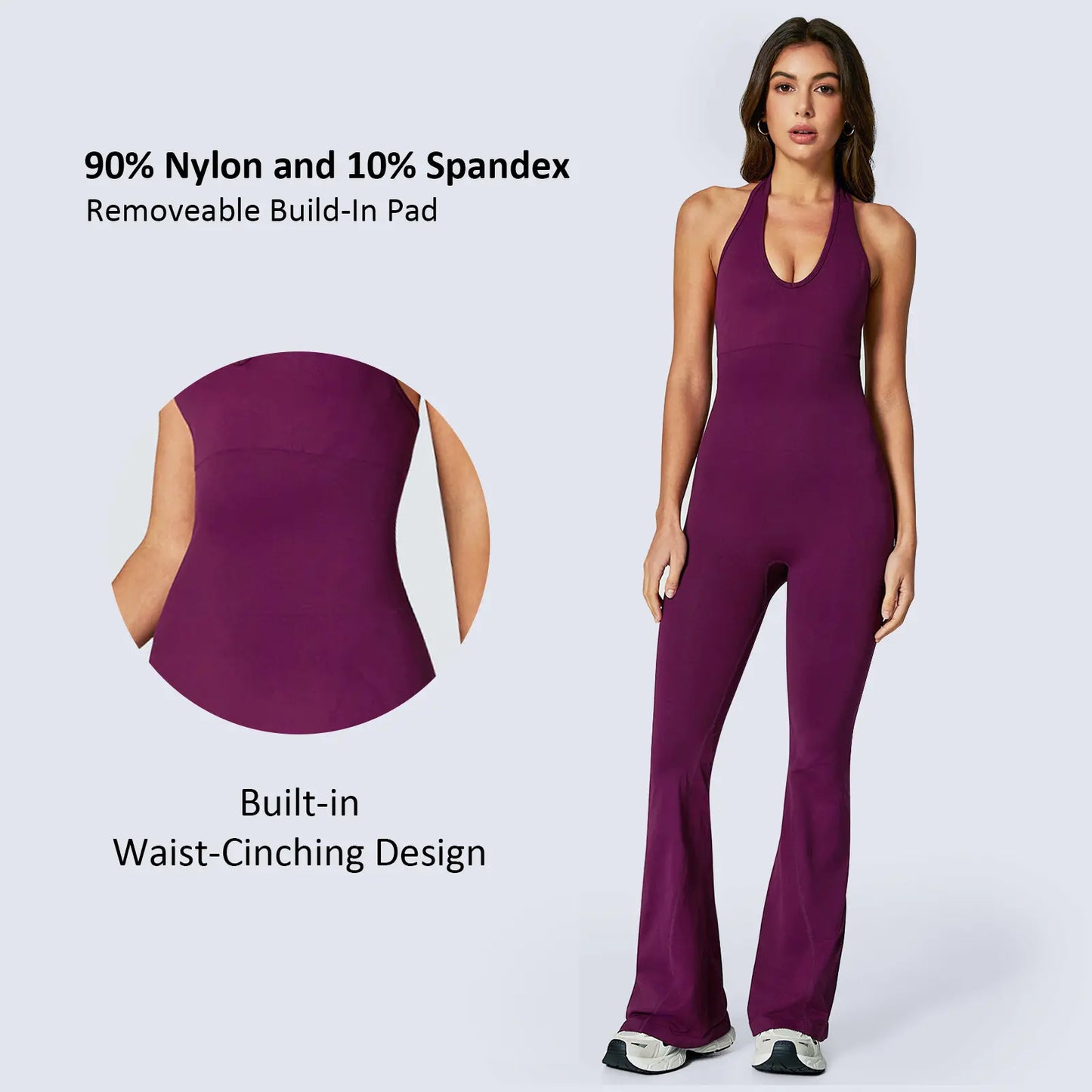 2026 New Cherry Merlot Backless Halter Jumpsuit with Built-In Waist-Cinching Design to Enhance Curves Casual Womenswear Bra Leg Gym Fabric