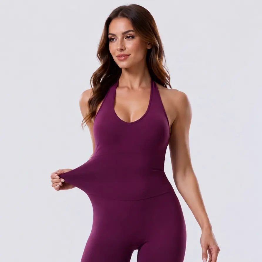 2026 New Cherry Merlot Backless Halter Jumpsuit with Built-In Waist-Cinching Design to Enhance Curves Casual Womenswear Bra Leg Gym Fabric